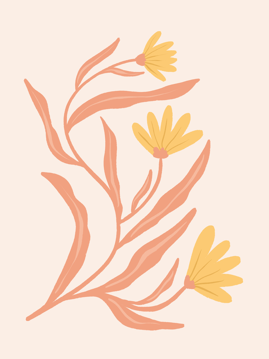 Illustration von gelben Blumen mit orangefarbenen Stielen und Blättern vor einem beigefarbenen Hintergrund.