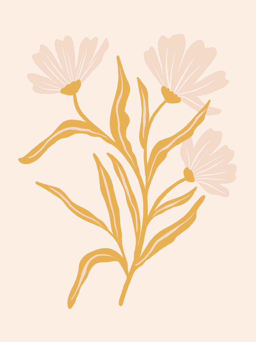Illustration von gelben Blumen mit beigen Blüten auf einem hellbeigen Hintergrund.
