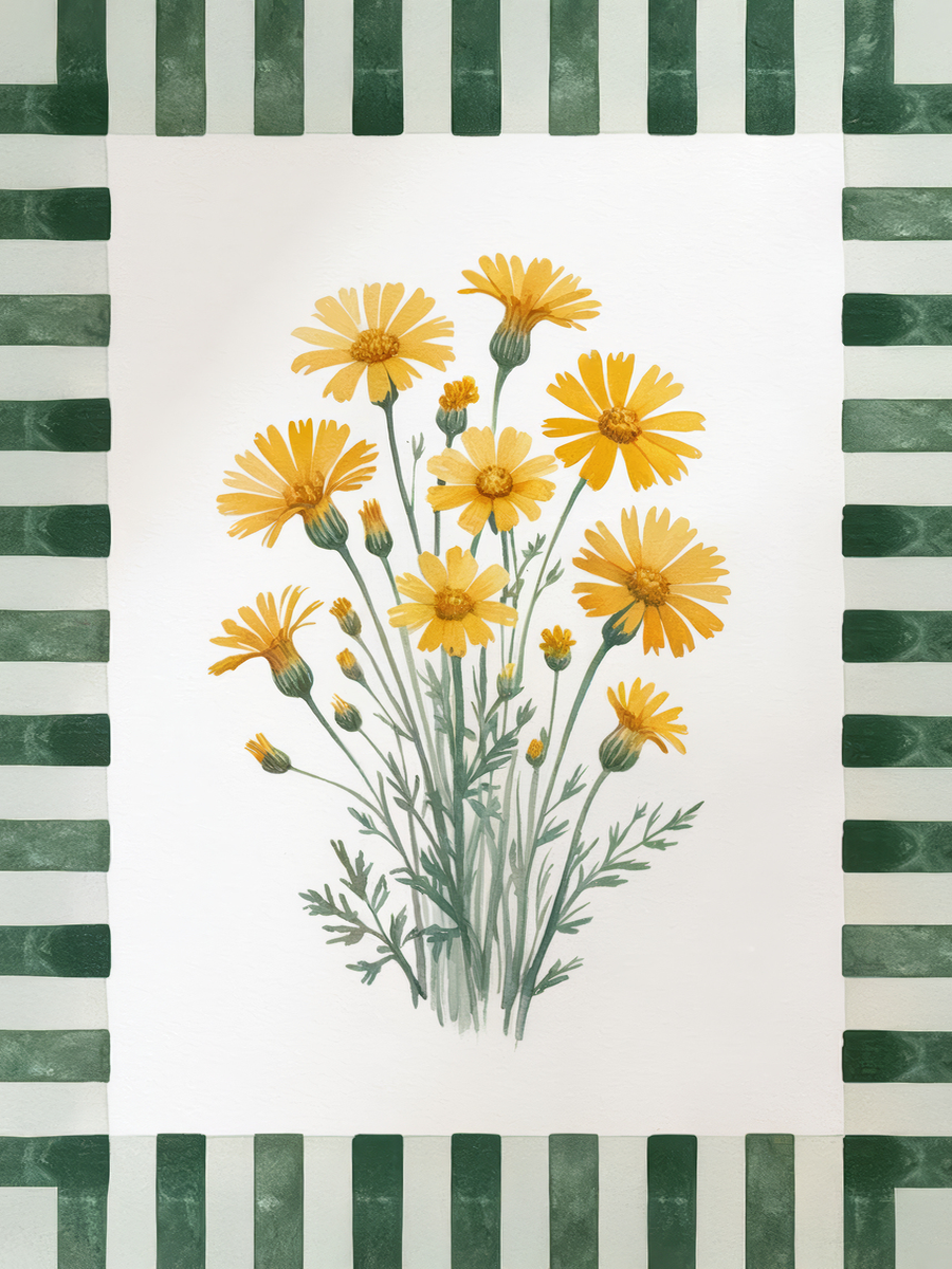 Poster mit einem Strauß gelber Blumen und grünem Streifenmuster.