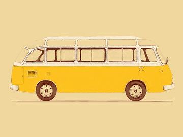 Illustration eines gelben Busses vor einem beigen Hintergrund.
