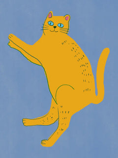 Illustration einer gelben Katze auf blauem Hintergrund.