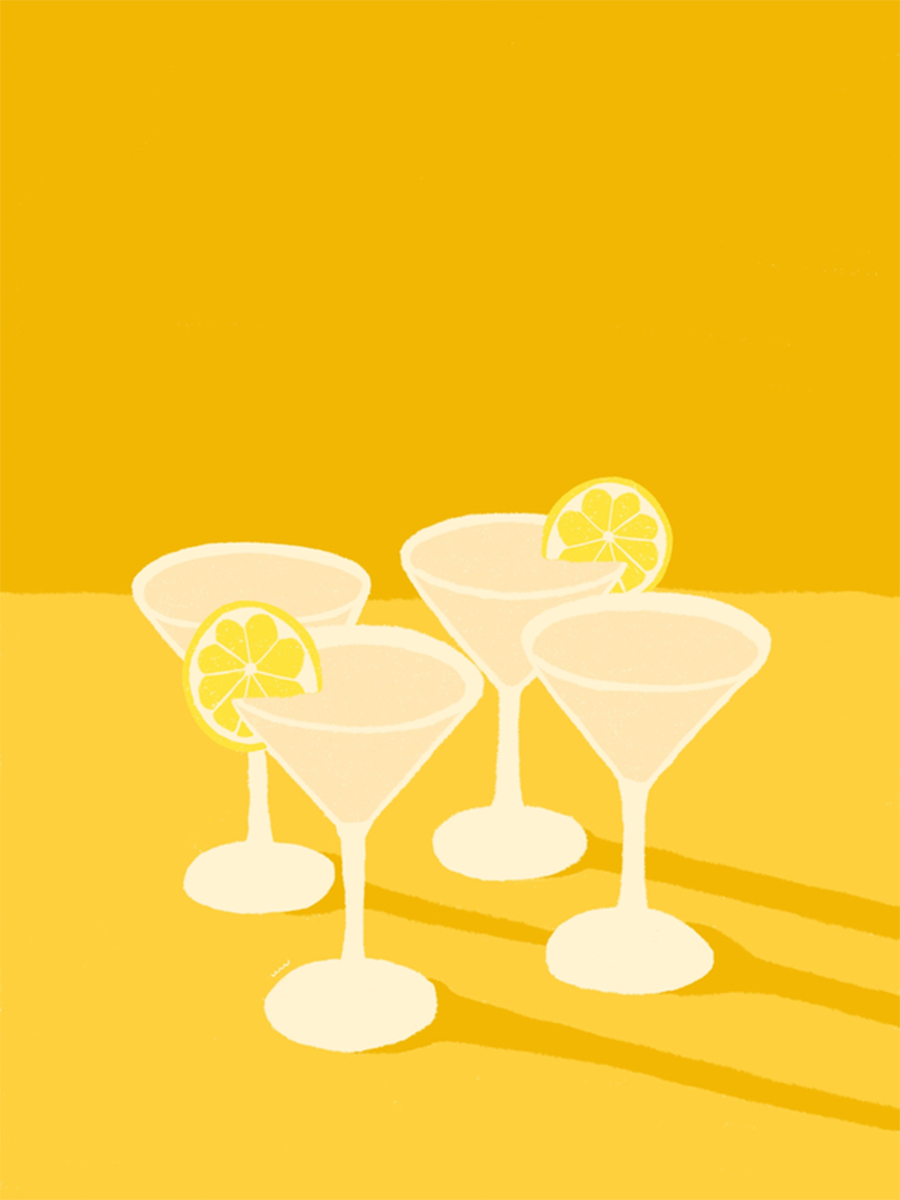 Illustration von vier Cocktails mit Zitronenscheiben auf gelbem Hintergrund.