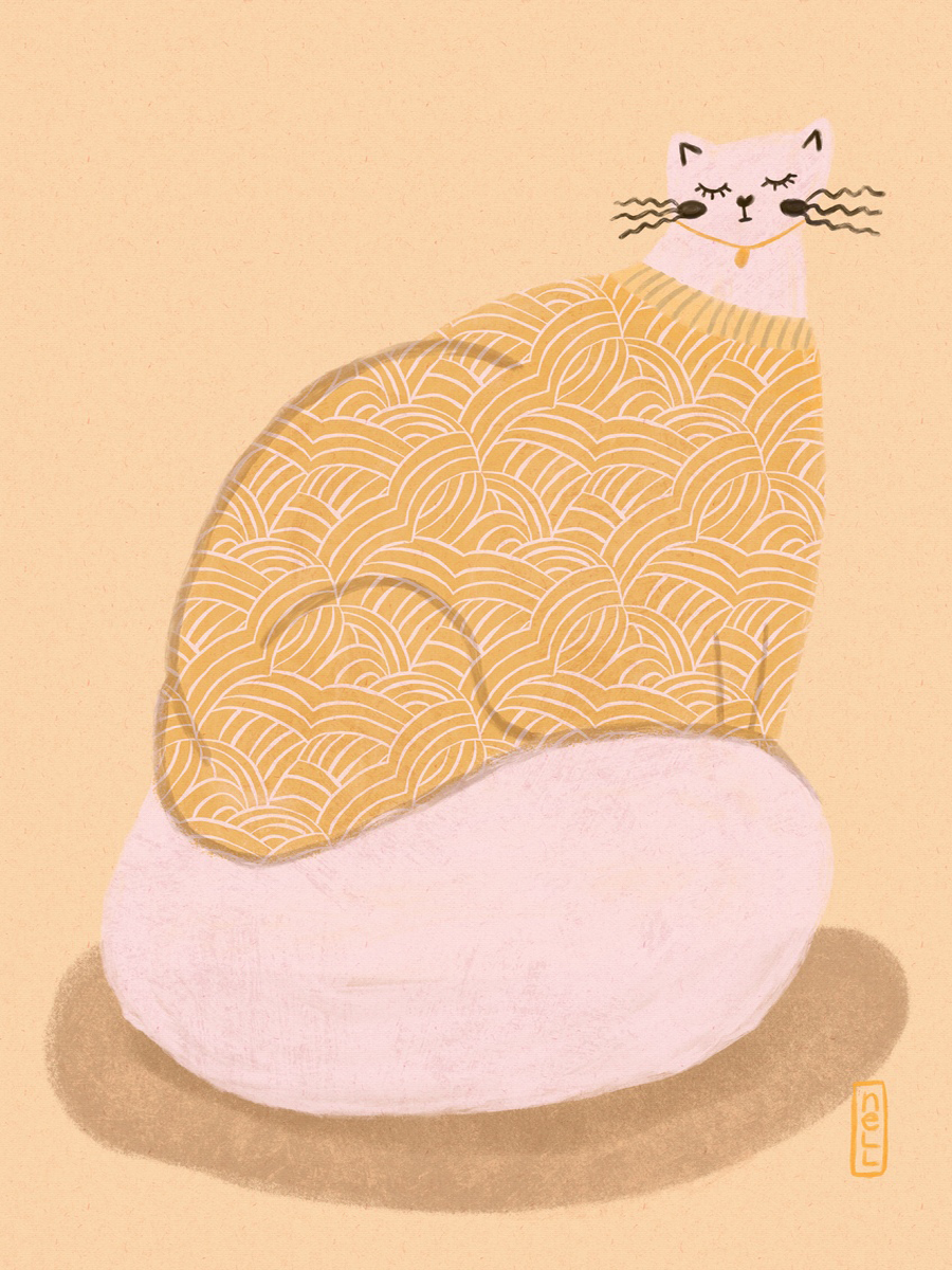 Illustration einer Katze in einem gelben Pullover mit geschwungenem Muster auf beigem Hintergrund.