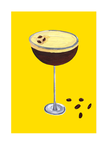 Illustration eines Espresso Martini auf einem gelben Hintergrund.
