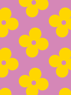 Grafische Illustration eines Musters aus gelben Blumen auf lila Hintergrund.