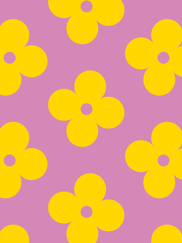 Grafische Illustration eines Musters aus gelben Blumen auf lila Hintergrund.