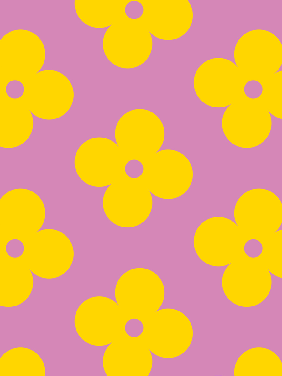 Grafische Illustration eines Musters aus gelben Blumen auf lila Hintergrund.