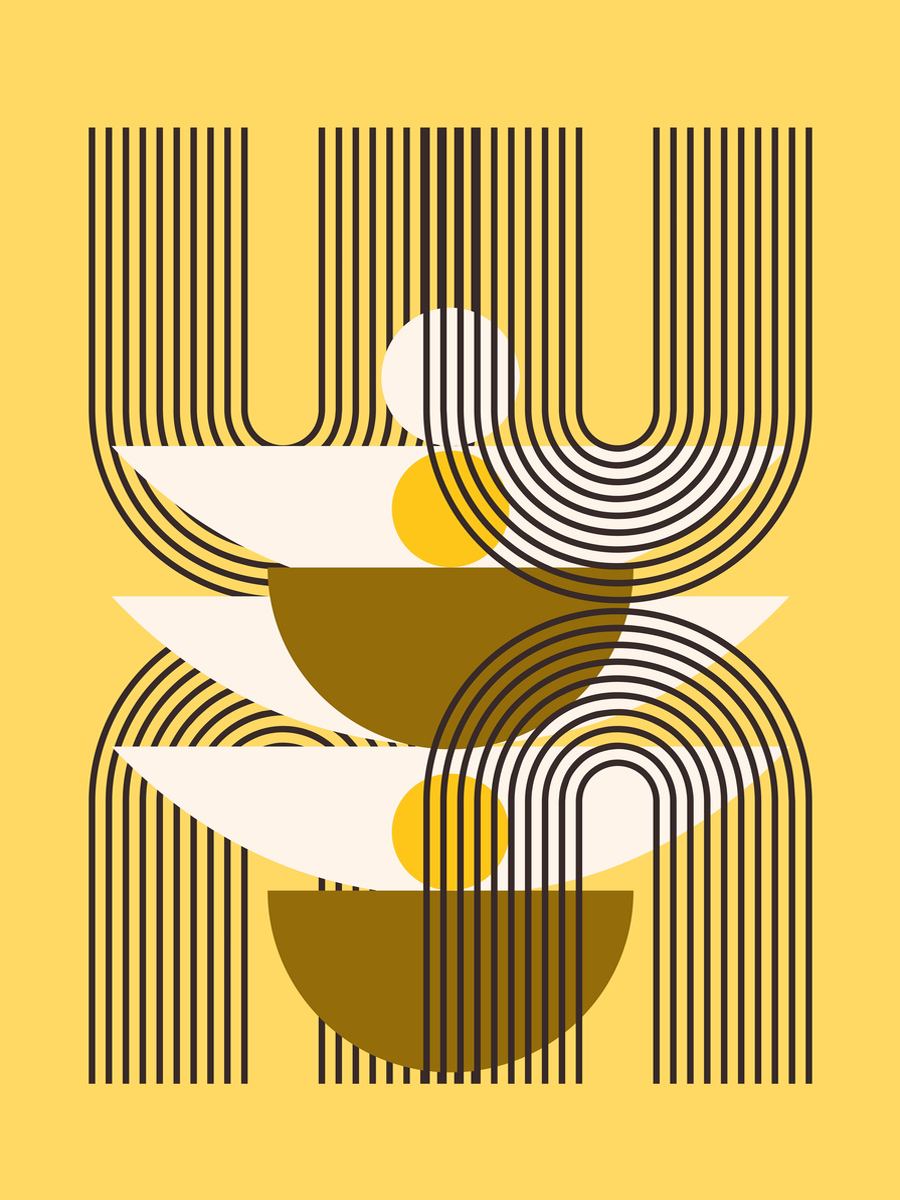 Grafische Illustration mit geometrischen Formen in Weiß, Gelb und Braun vor einem gelben Hintergrund mit schwarzen Linien.