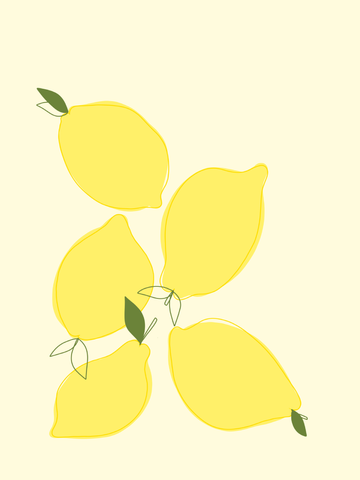 Illustration von gelben Zitronen mit grünen Blättern auf hellgelbem Hintergrund.