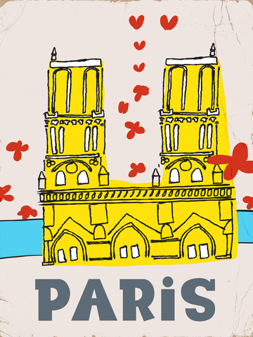 Grafische Illustration von Notre Dame in Gelb mit roten Herzen und grauem Text auf beigem Hintergrund.