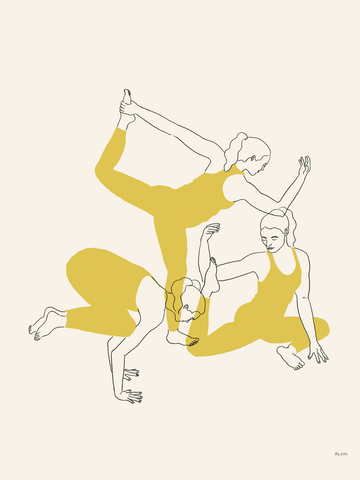 Illustration von drei Frauen in gelben Yoga-Outfits in verschiedenen Yoga-Posen auf hellbeigem Hintergrund.