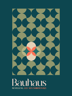 Grafik mit geometrischem Muster in Grün auf dunkelgrünem Hintergrund, mit beigem und rotem Kreis und Text "Bauhaus Ausstellung July-Sep. Exhibition 1923".