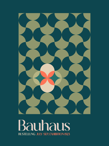 Grafik mit geometrischem Muster in Grün auf dunkelgrünem Hintergrund, mit beigem und rotem Kreis und Text "Bauhaus Ausstellung July-Sep. Exhibition 1923".