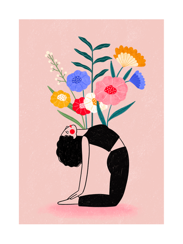 Illustration einer Frau in einer Yoga-Pose mit Blumen, die aus ihrem Rücken wachsen, vor einem rosa Hintergrund.