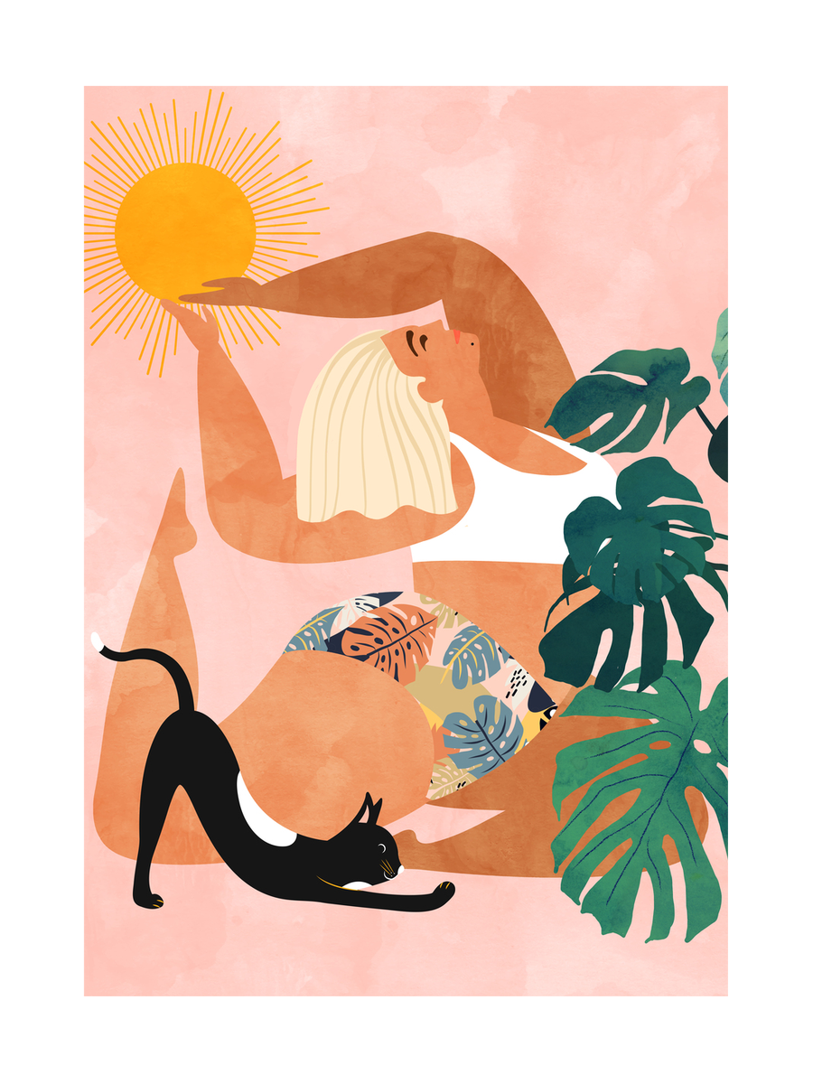 Illustration einer Frau beim Yoga mit einer schwarzen Katze und grünen Pflanzen auf rosa Hintergrund.