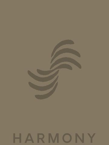 Grafische Illustration mit abstraktem Symbol und dem Wort Harmony auf braunem Hintergrund.