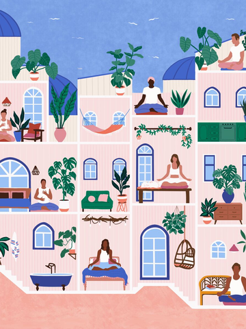 Illustration von Menschen, die Yoga in einem rosa Gebäude mit Pflanzen machen.