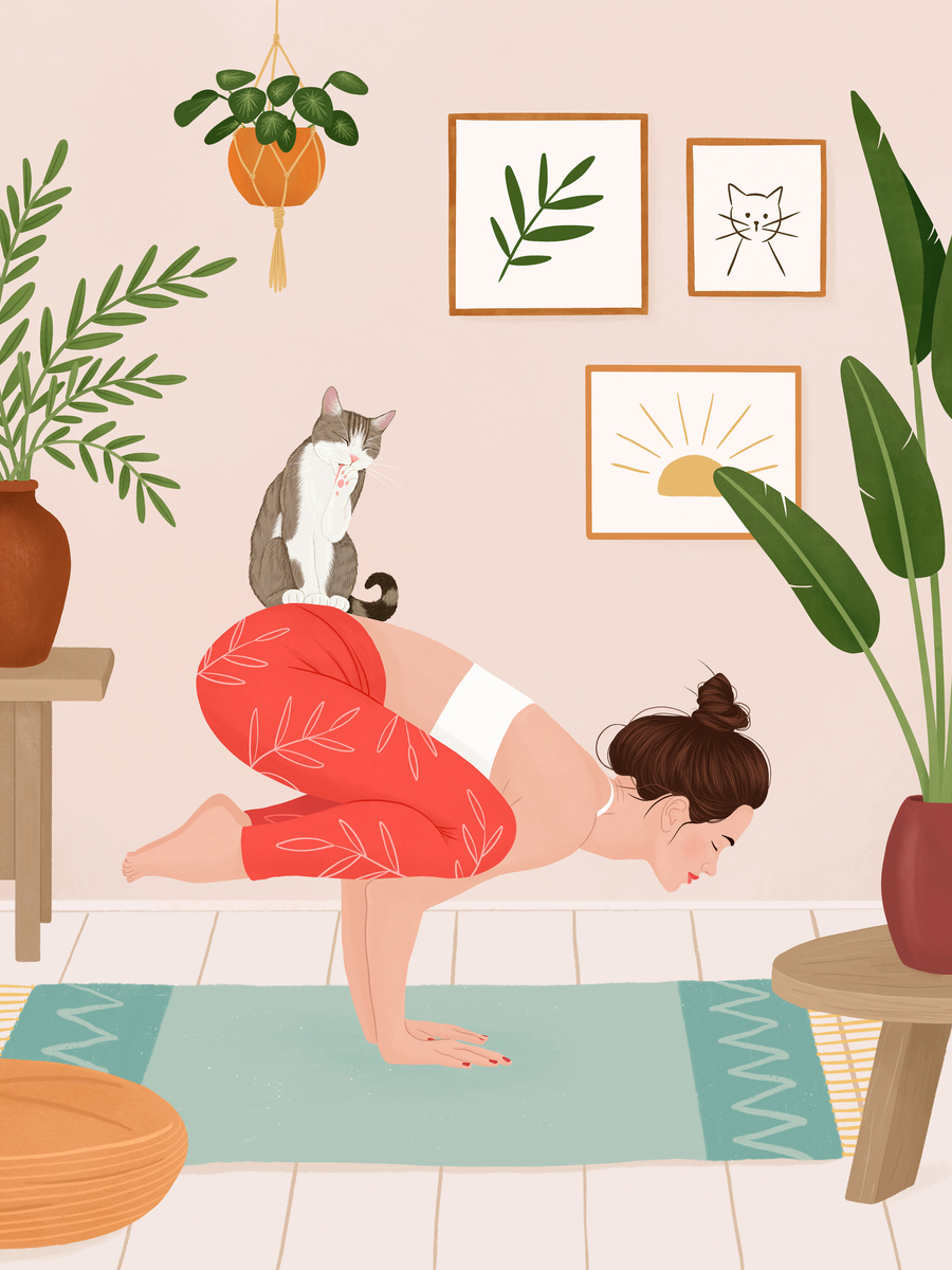 Illustration einer Frau in einer Yoga-Pose mit einer Katze auf dem Rücken, umgeben von Pflanzen.