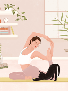 Illustration einer Frau, die Yoga macht, mit einer Katze auf der Matte in einem Wohnzimmer.
