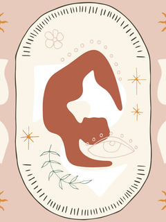 Grafik einer Figur in einer Yoga-Pose auf einem beigen Teppich mit einem Auge und grünen Blättern, umgeben von Sonnen und Sternen, auf einem rosa Hintergrund.