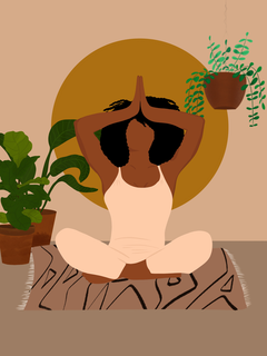Illustration einer Frau in Yoga-Pose mit Pflanzen und gelbem Kreis im Hintergrund.
