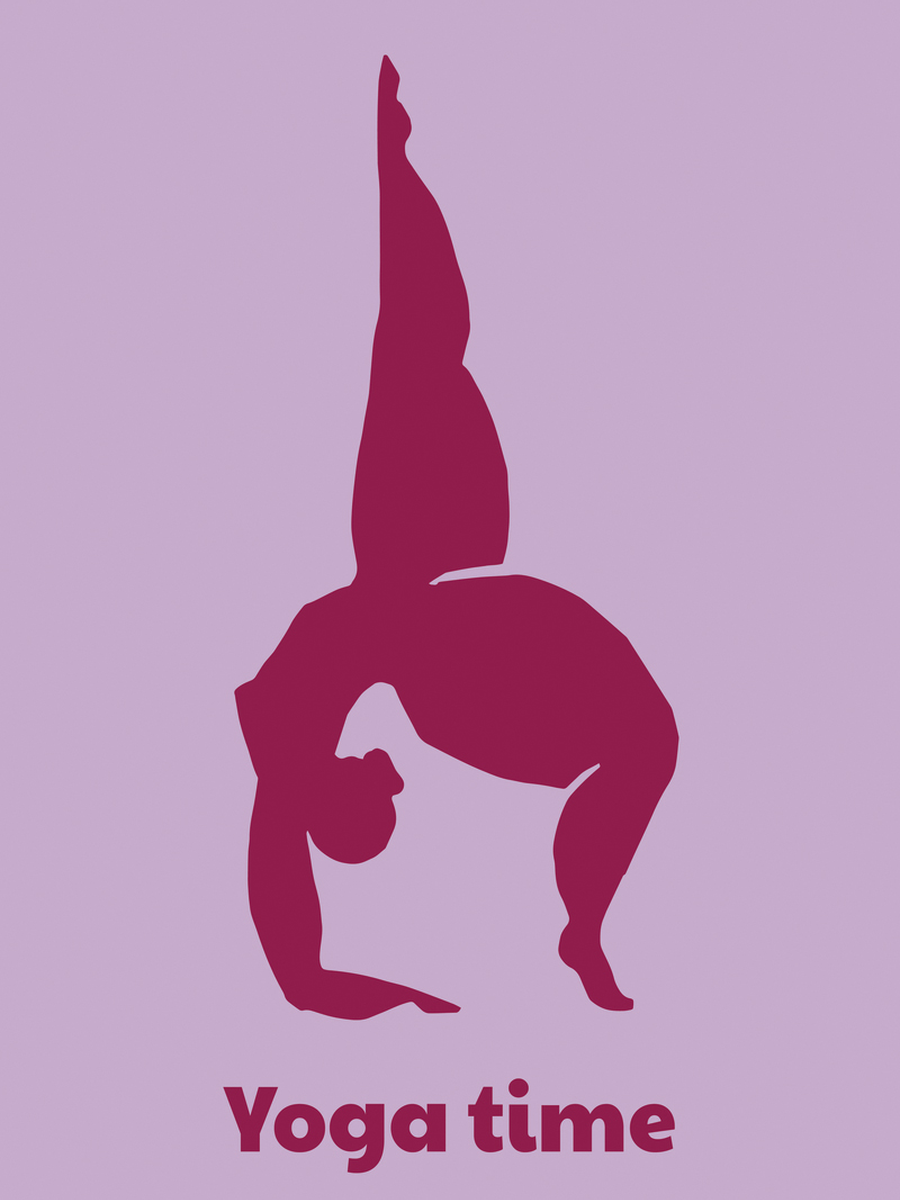 Silhouette einer Frau in einer Yoga-Pose in Dunkelrot auf lila Hintergrund.