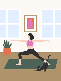 Illustration einer Frau in Yoga-Pose mit einer schwarzen Katze neben ihr.