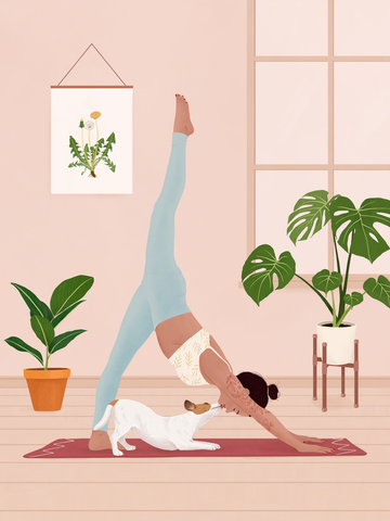 Illustration einer Frau beim Yoga mit einem Hund und Pflanzen im Hintergrund.