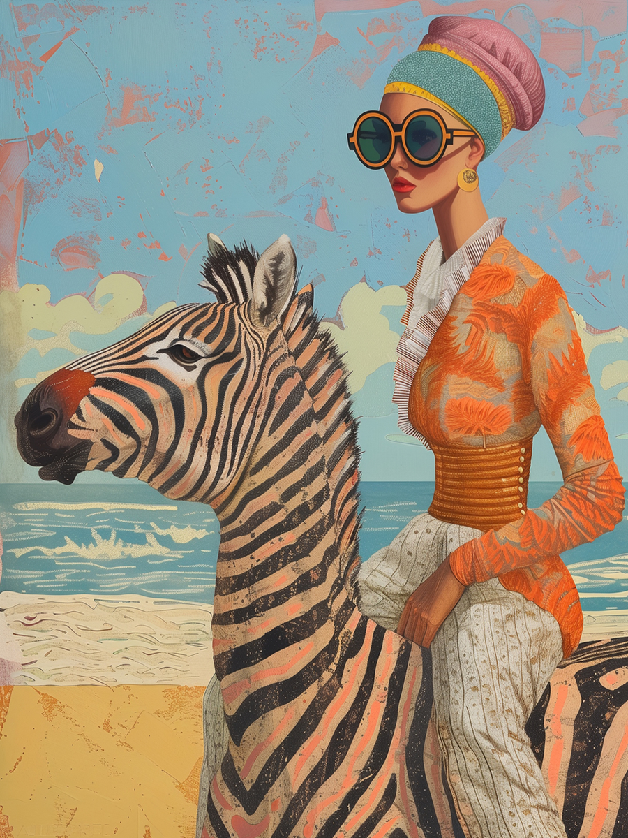 Frau reitet ein Zebra am Strand, trägt orangefarbenen Blazer, rosa Turban und Sonnenbrillen, blauer und beiger Hintergrund.