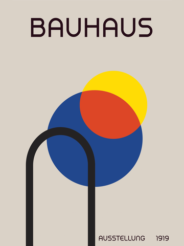 Grafische Illustration mit einem blauen, roten und gelben Kreis und einem schwarzen Halbkreis auf beigem Hintergrund, mit dem Text "Bauhaus Ausstellung 1919".