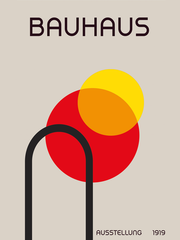 Poster mit roten und gelben geometrischen Formen und dem Text "Bauhaus Ausstellung 1919".