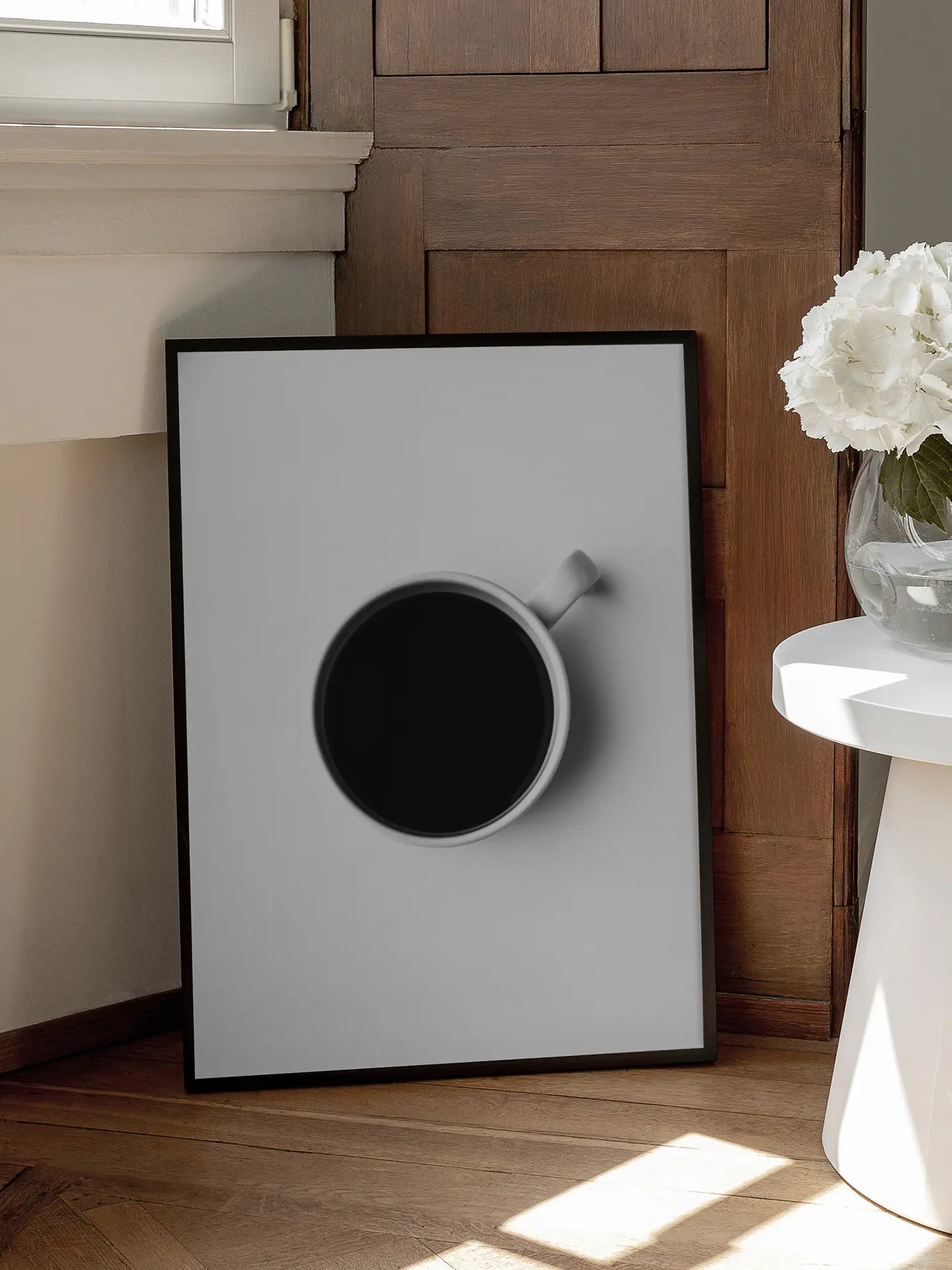 Black Coffee Set Against A Stark White Background Poster