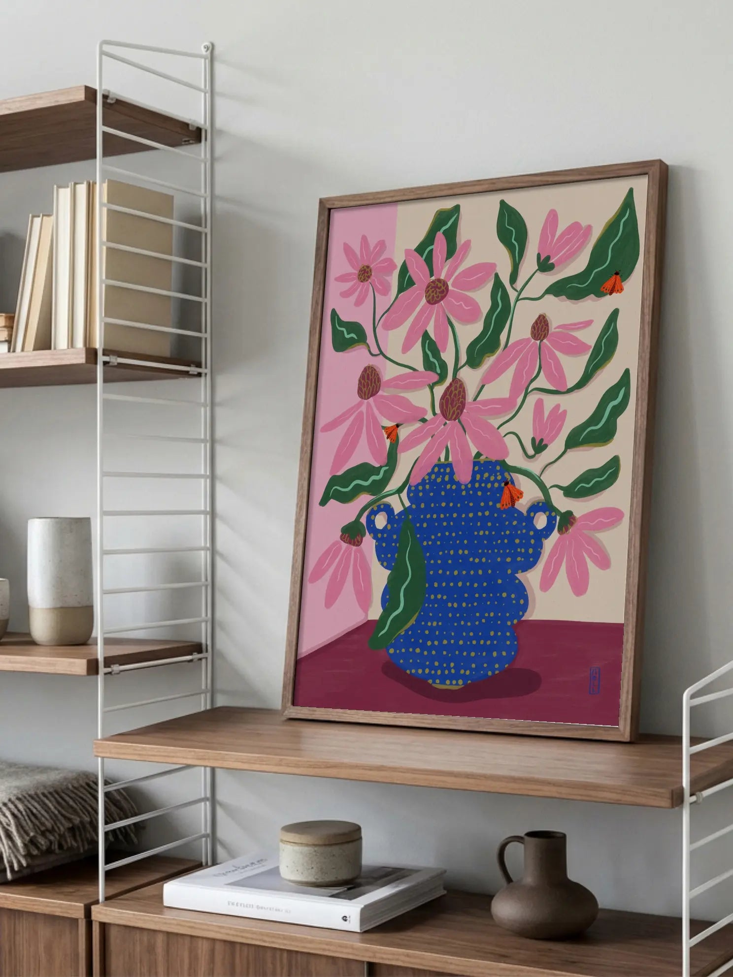 Blue Vase with Pink Flowers Poster