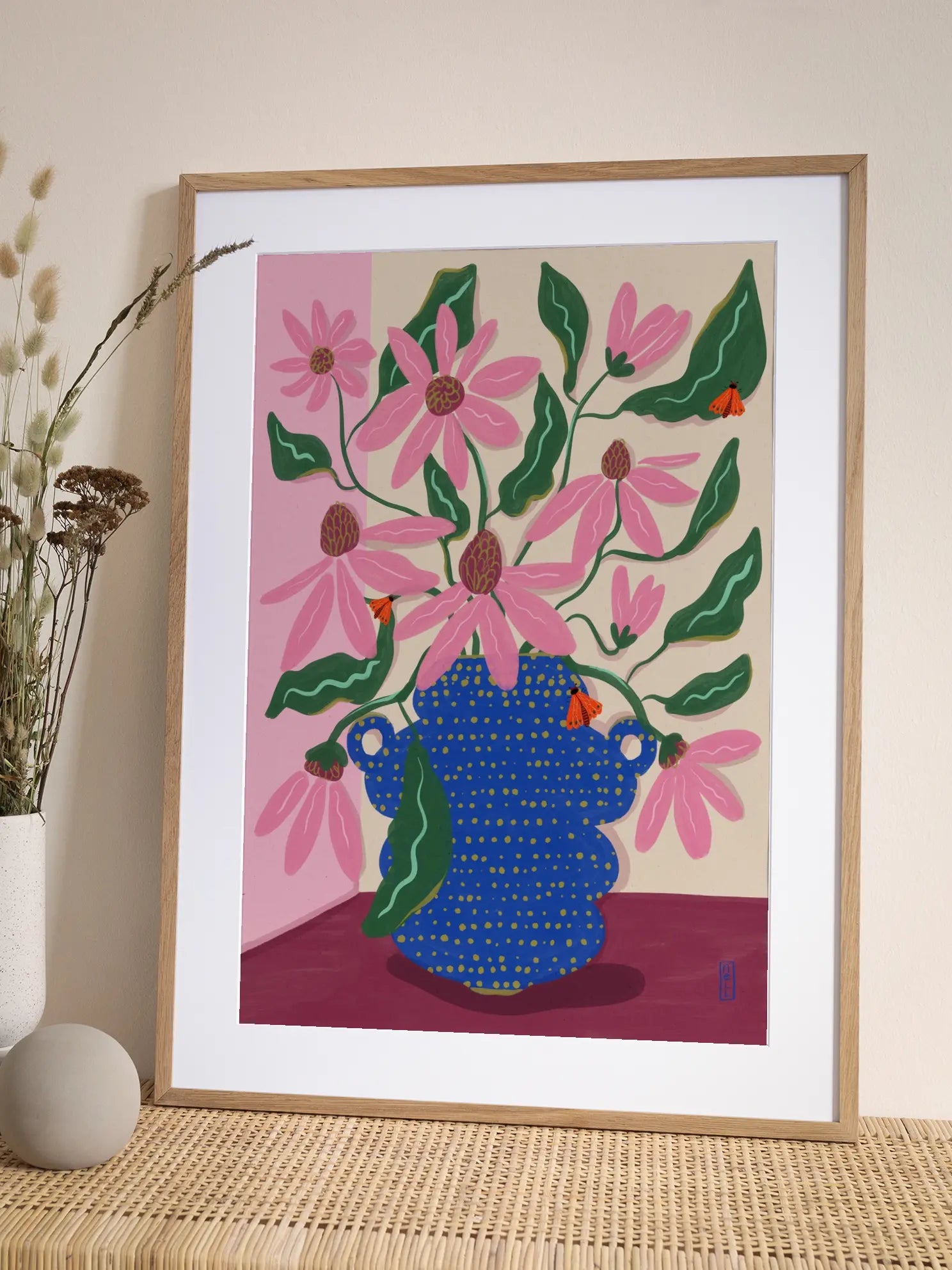 Blue Vase with Pink Flowers Poster