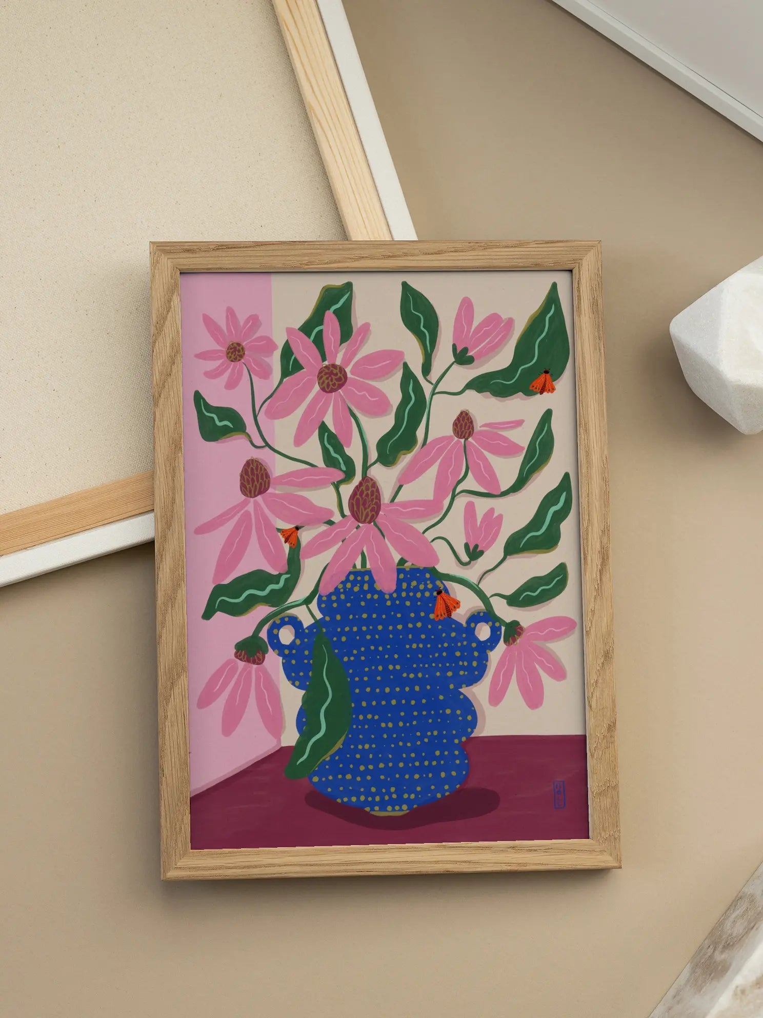 Blue Vase with Pink Flowers Poster