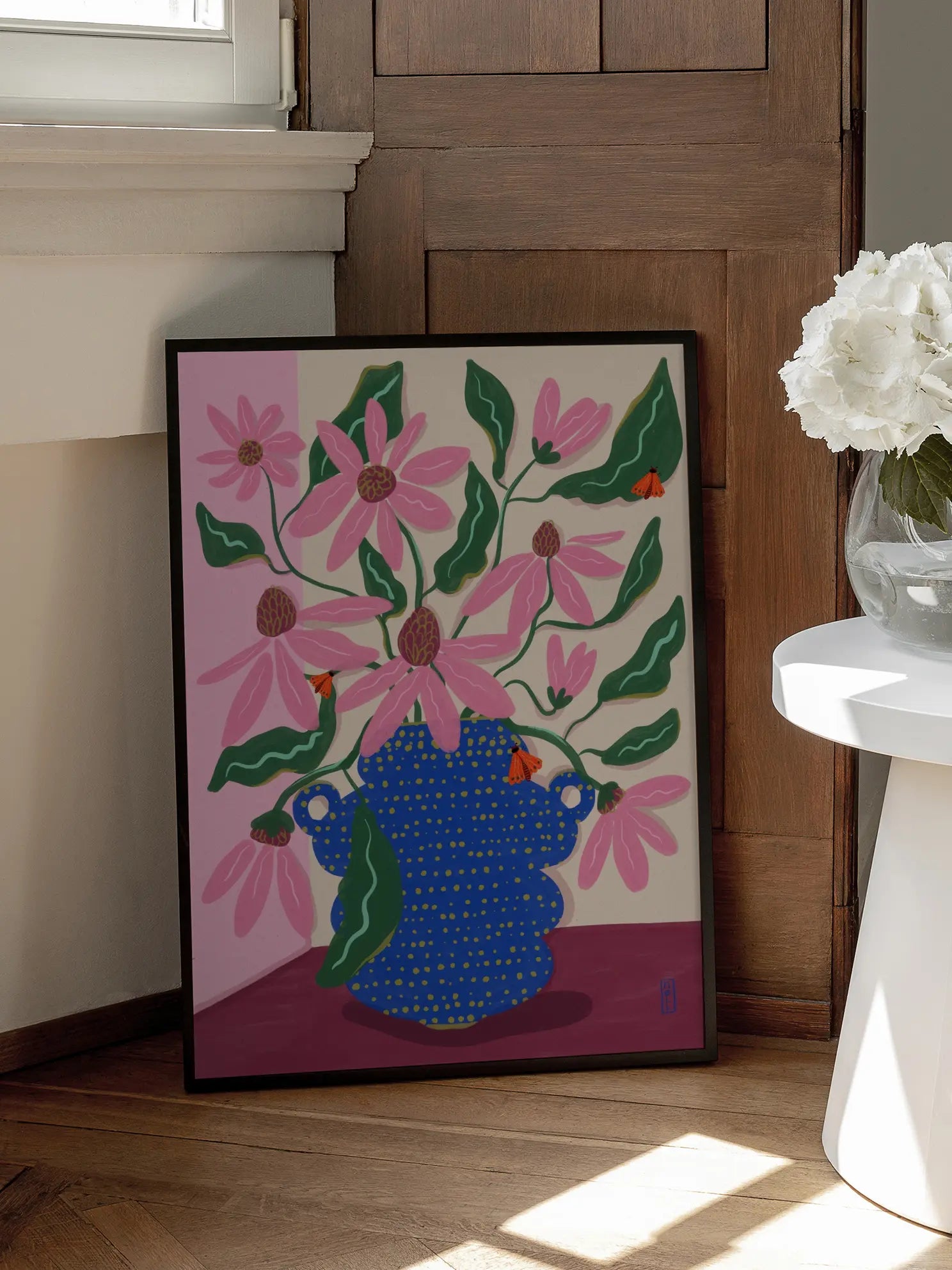Blue Vase with Pink Flowers Poster