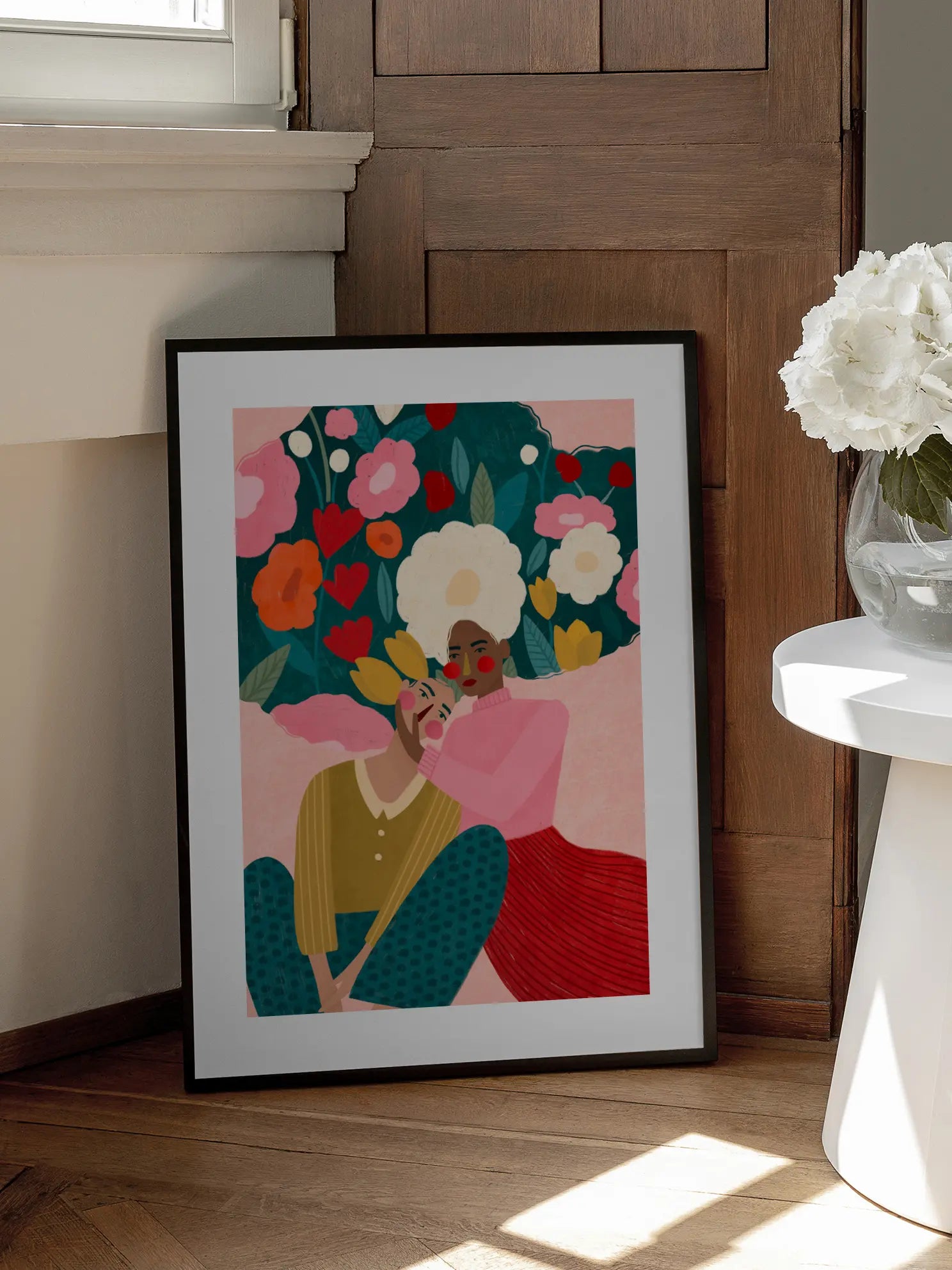 Embracing Couple In Floral Embrace Poster