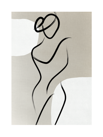 Line-Art-Illustration einer Frau mit schwarzen Linien auf beigem und weißem Hintergrund.