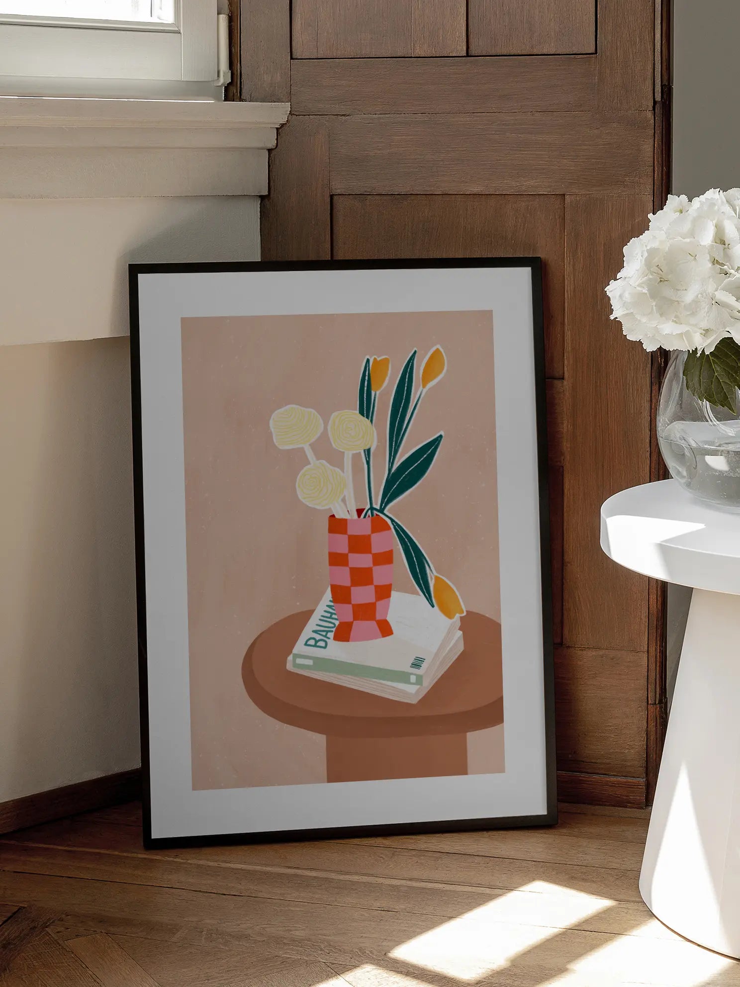 Flower With a Checkered Red Vase Poster