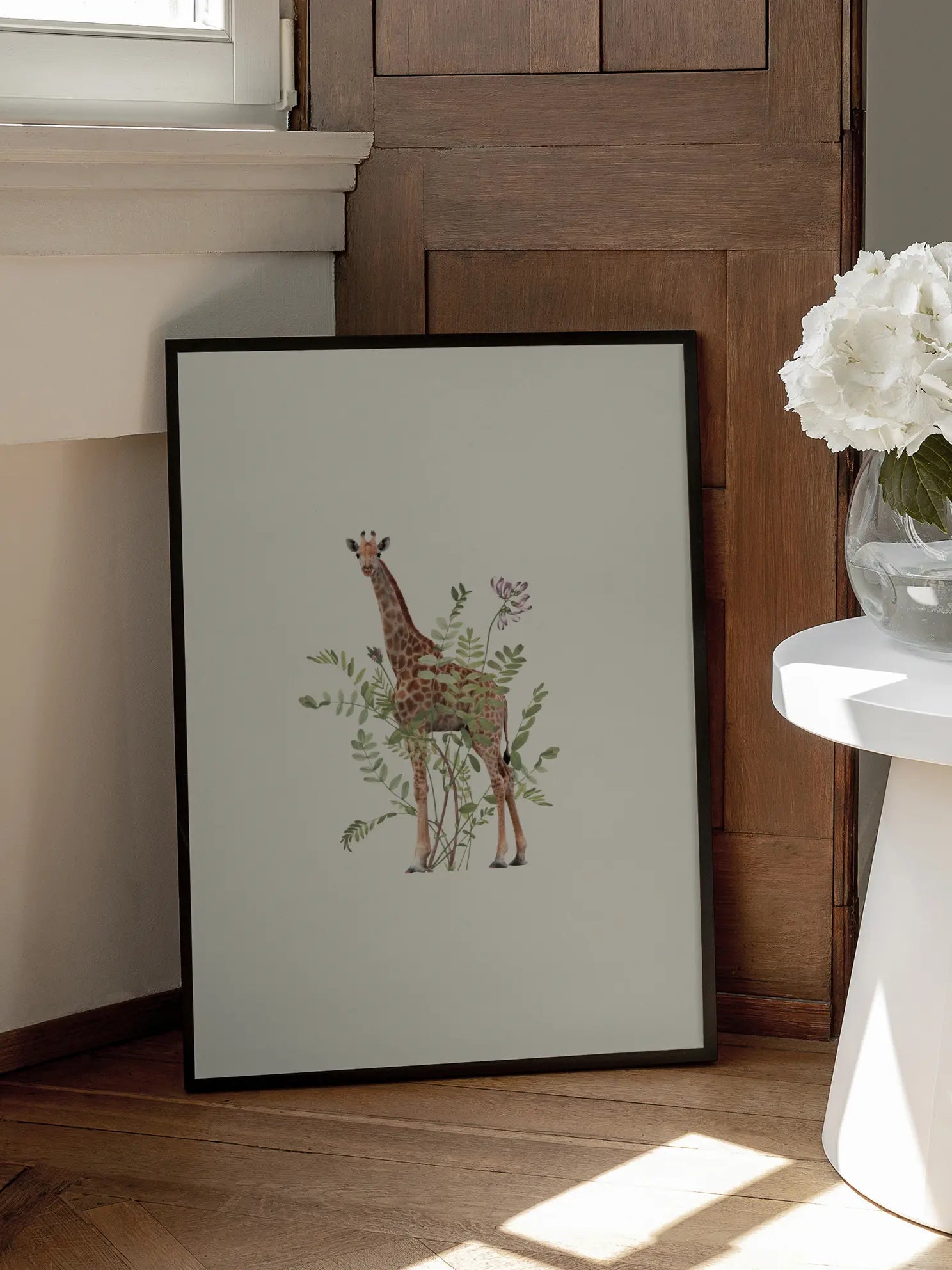 Giraffe in the Garden Poster