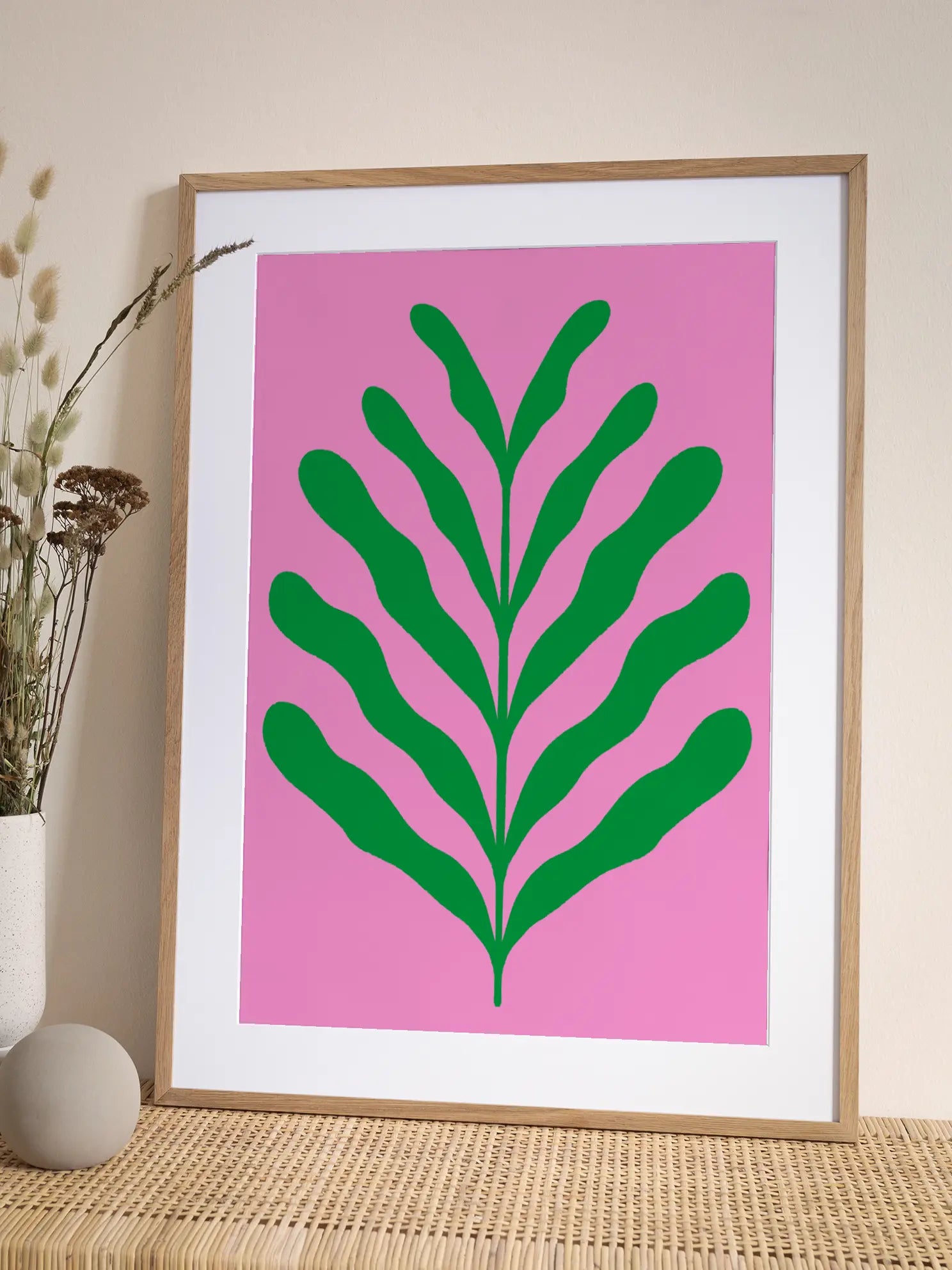 Green Botanical on Pink Poster