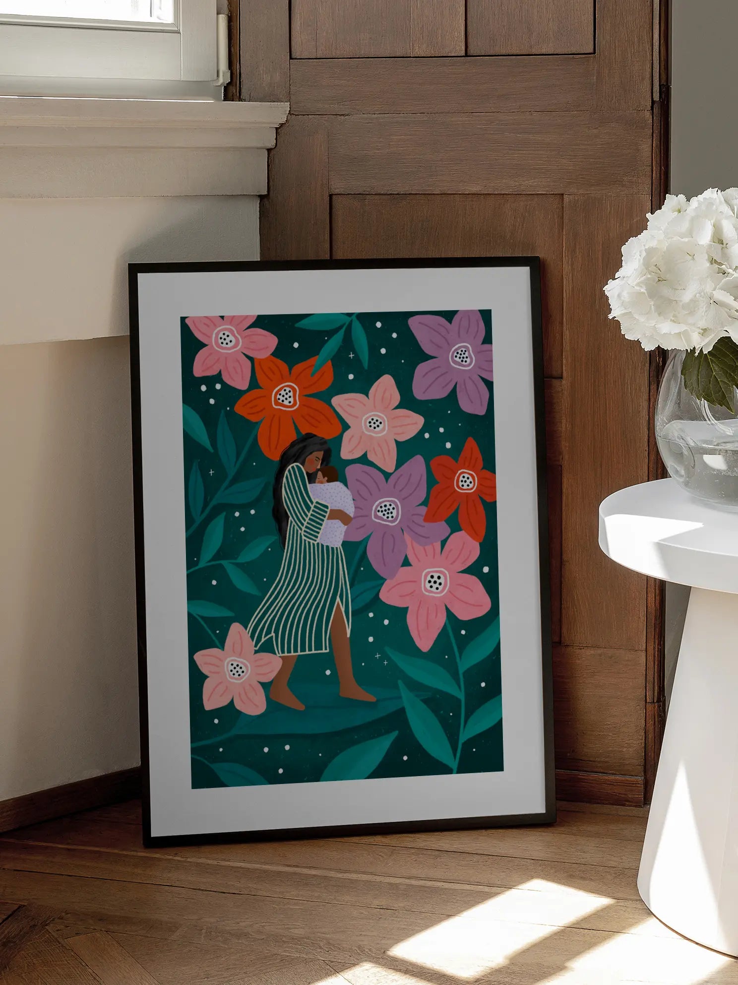 Mum and Baby in Floral Garden Poster