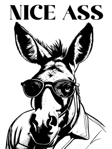 Illustration eines Esels mit Sonnenbrille und dem Text "Nice Ass" in Schwarz.