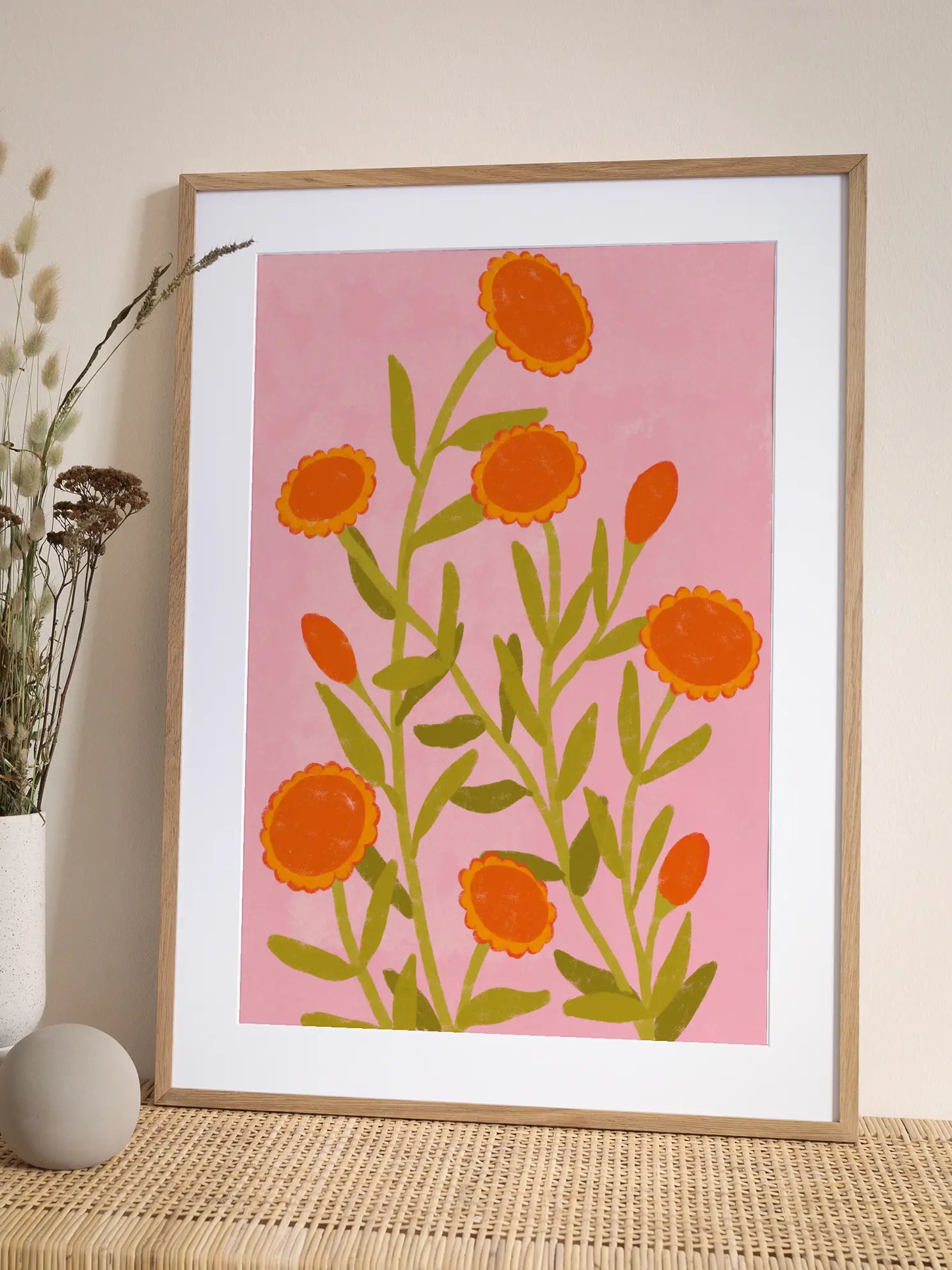 Orange Flowers on Pink Poster