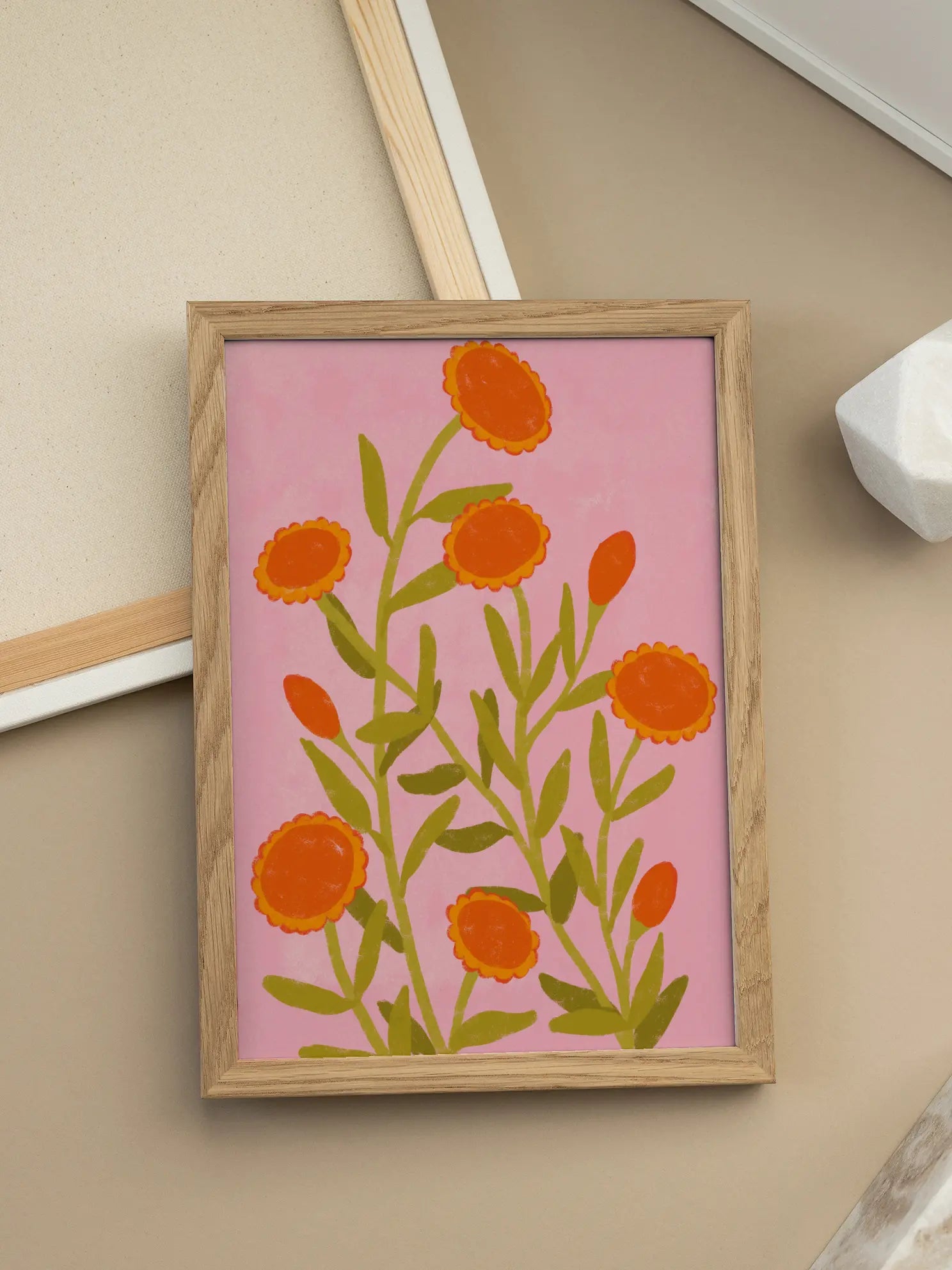 Orange Flowers on Pink Poster