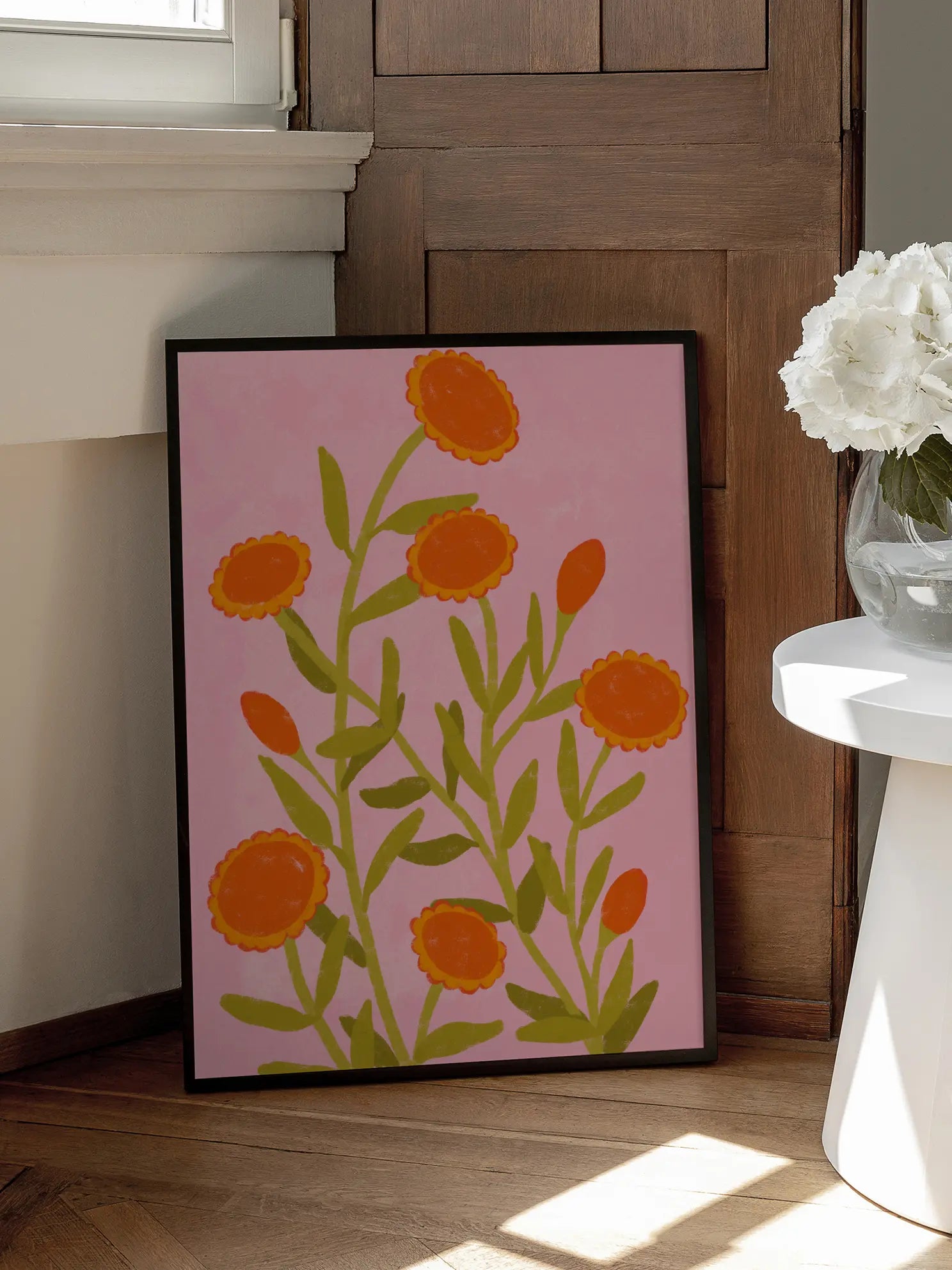 Orange Flowers on Pink Poster