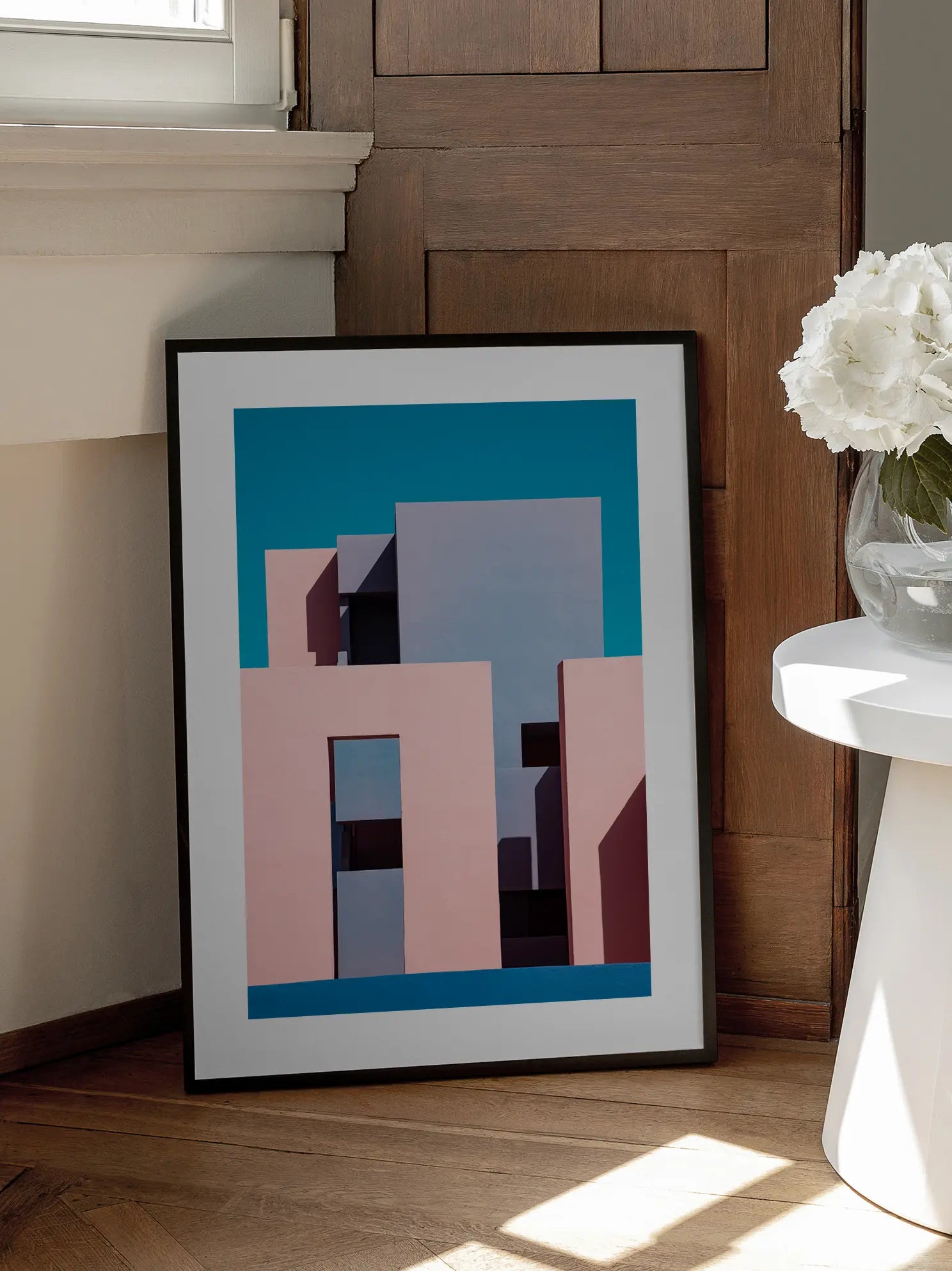 Pink and Blue Building Poster
