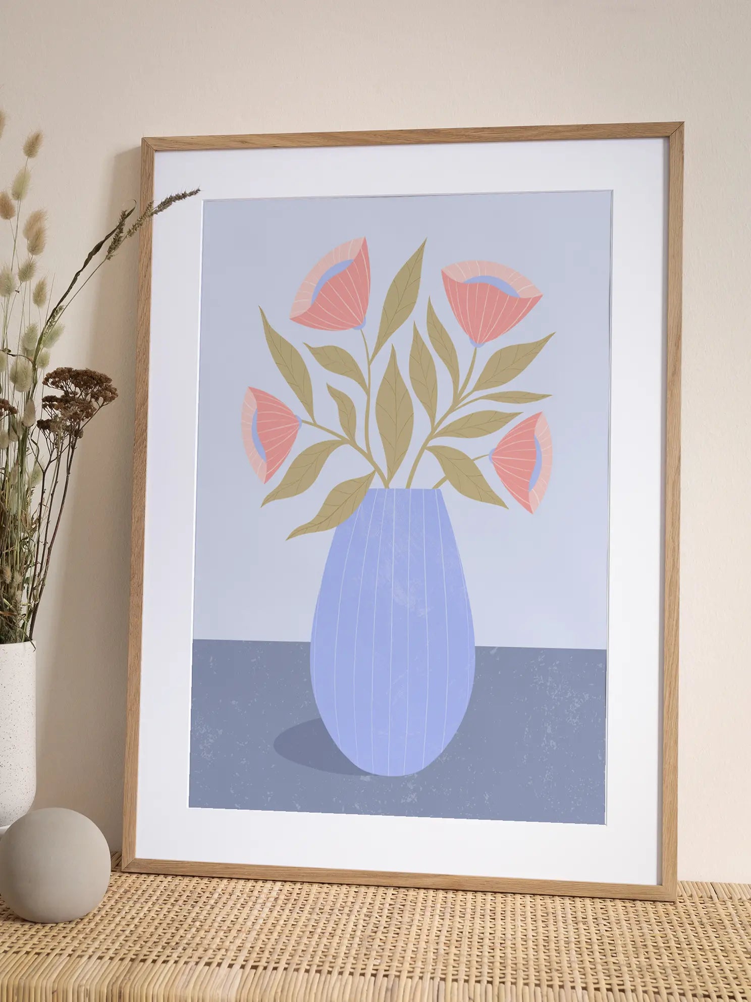 Pink Flowers in Blue Vase Poster