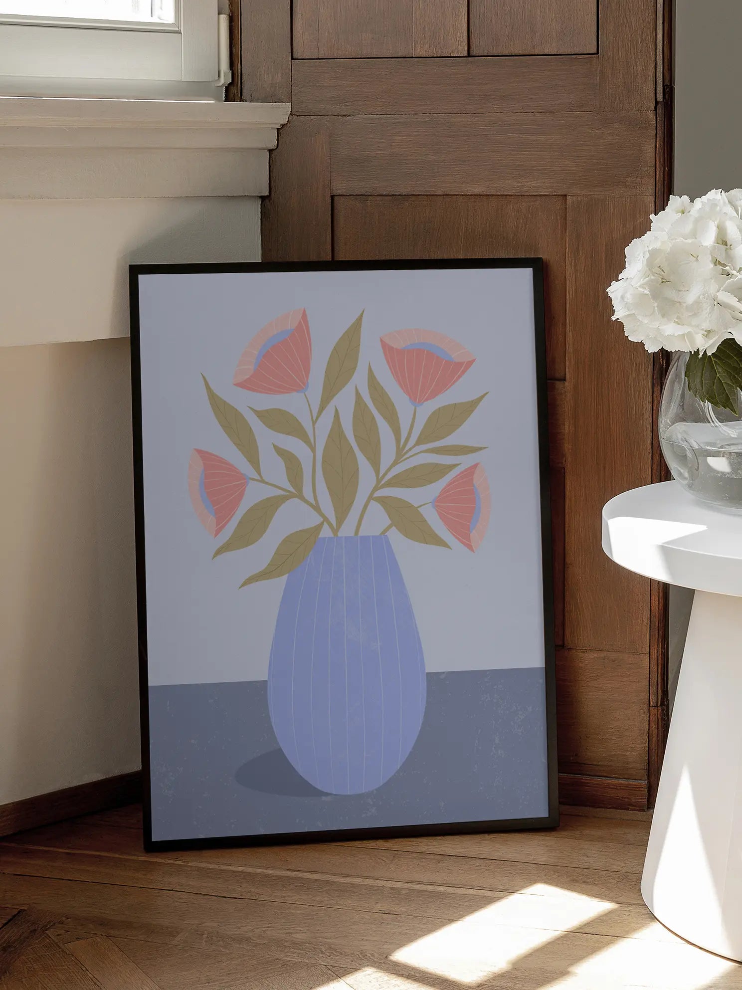 Pink Flowers in Blue Vase Poster