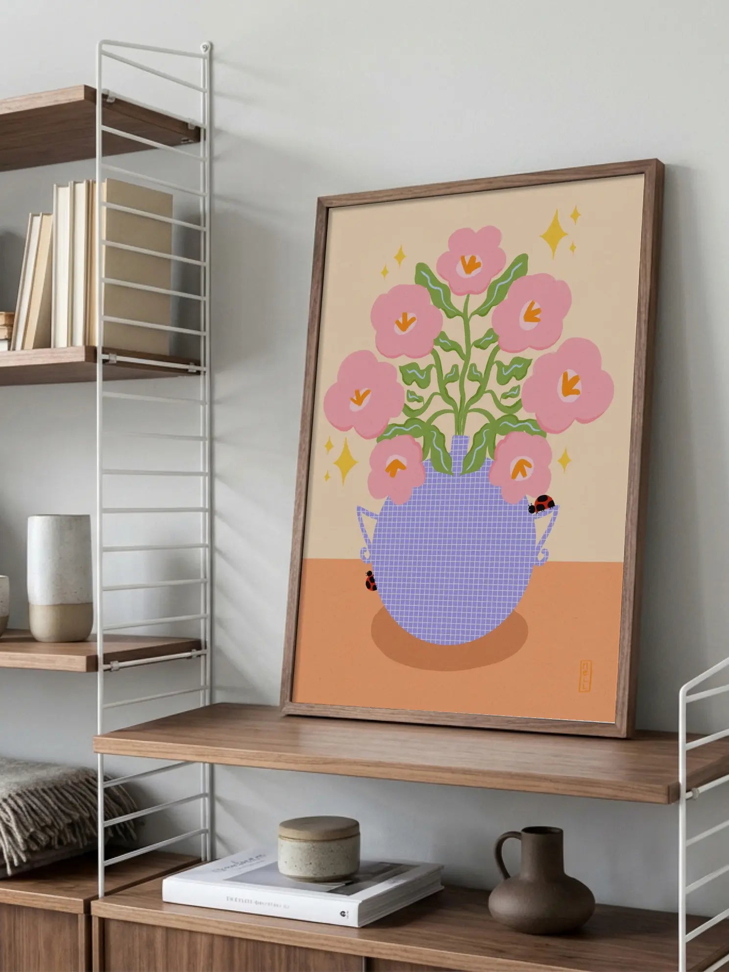 Pink Retro Flowers in a Vase Illustration Poster